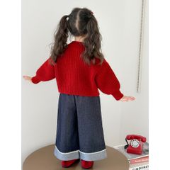 Hàng QC - Set áo len cardigan hello kitty cài cúc ấm áp xinh xắn dày dặn kèm quần jean ống suông mùa đông vintage cho bé