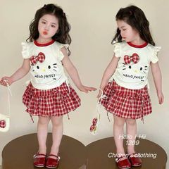 Set bộ hello kitty chân váy kẻ kèm túi cói xinh xắn dễ thương đáng yêu mát mẻ mùa hè 8-20kg cho bé gái