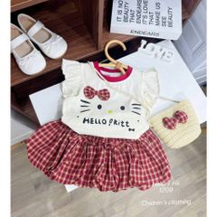 Set bộ hello kitty chân váy kẻ kèm túi cói xinh xắn dễ thương đáng yêu mát mẻ mùa hè 8-20kg cho bé gái