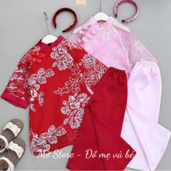 Áo dài TẾT thêu hoa hai lớp kèm quần lụa xuông và bờm nhúm xinh xắn điệu đà cho bé gái 10-30kg