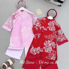 Áo dài TẾT thêu hoa hai lớp kèm quần lụa xuông và bờm nhúm xinh xắn điệu đà cho bé gái 10-30kg