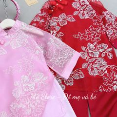 Áo dài TẾT thêu hoa hai lớp kèm quần lụa xuông và bờm nhúm xinh xắn điệu đà cho bé gái 10-30kg