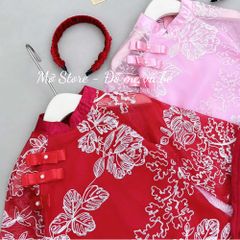 Áo dài TẾT thêu hoa hai lớp kèm quần lụa xuông và bờm nhúm xinh xắn điệu đà cho bé gái 10-30kg