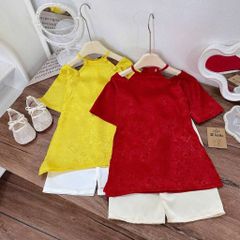 Set áo dài trễ vai cách tân gấm kèm quần suông lụa cho bé gái mặc đi chơi Tết 10-30kg kèm ảnh thật