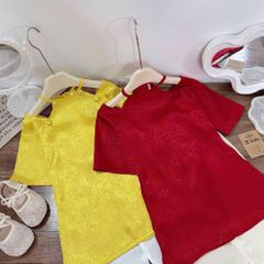 Set áo dài trễ vai cách tân gấm kèm quần suông lụa cho bé gái mặc đi chơi Tết 10-30kg kèm ảnh thật