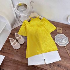 Set áo dài trễ vai cách tân gấm kèm quần suông lụa cho bé gái mặc đi chơi Tết 10-30kg kèm ảnh thật