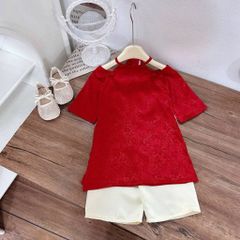 Set áo dài trễ vai cách tân gấm kèm quần suông lụa cho bé gái mặc đi chơi Tết 10-30kg kèm ảnh thật