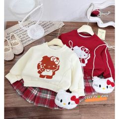 Set áo nỉ lót lông hello kitty xinh xắn kèm chân váy dạ kẻ và túi cho bé gái cute dễ thương mặc đi chơi noel Tết 10-30kg
