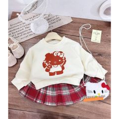 Set áo nỉ lót lông hello kitty xinh xắn kèm chân váy dạ kẻ và túi cho bé gái cute dễ thương mặc đi chơi noel Tết 10-30kg