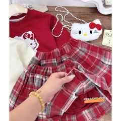 Set áo nỉ lót lông hello kitty xinh xắn kèm chân váy dạ kẻ và túi cho bé gái cute dễ thương mặc đi chơi noel Tết 10-30kg