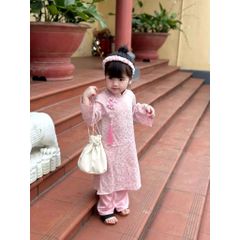 Set áo dài in hoa cúc kèm dây ngọc tu dua và quần lụa suông mặc đi chơi Tết cho bé gái 10-30kg kèm ảnh cận chất