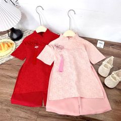 Set áo dài in hoa cúc kèm dây ngọc tu dua và quần lụa suông mặc đi chơi Tết cho bé gái 10-30kg kèm ảnh cận chất