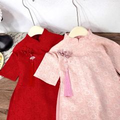 Set áo dài in hoa cúc kèm dây ngọc tu dua và quần lụa suông mặc đi chơi Tết cho bé gái 10-30kg kèm ảnh cận chất
