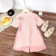 Set áo dài in hoa cúc kèm dây ngọc tu dua và quần lụa suông mặc đi chơi Tết cho bé gái 10-30kg kèm ảnh cận chất