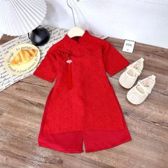 Set áo dài in hoa cúc kèm dây ngọc tu dua và quần lụa suông mặc đi chơi Tết cho bé gái 10-30kg kèm ảnh cận chất
