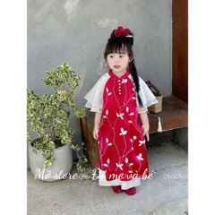 Áo dài cách tân lụa hoa tay bèo TẾT cho bé gái kèm quần, set 2 món áo dài cho bé gái 10-30kg kèm ảnh thật