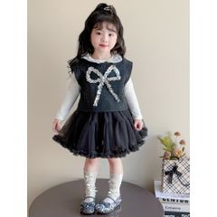Hàng QC - Set áo gile len nơ kèm áo thun và chân váy tầng xòe bồng công chúa vintage hàn quốc cho bé gái mặc đi chơi