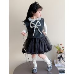 Hàng QC - Set áo gile len nơ kèm áo thun và chân váy tầng xòe bồng công chúa vintage hàn quốc cho bé gái mặc đi chơi