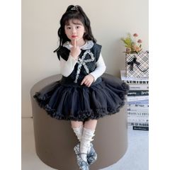 Hàng QC - Set áo gile len nơ kèm áo thun và chân váy tầng xòe bồng công chúa vintage hàn quốc cho bé gái mặc đi chơi