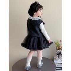 Hàng QC - Set áo gile len nơ kèm áo thun và chân váy tầng xòe bồng công chúa vintage hàn quốc cho bé gái mặc đi chơi