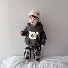 Hàng QC Set áo hoodie kèm quần nỉ kẻ thêu gấu cute dễ thương đáng yêu ấm áp dày dặn cho bé trai thu đông