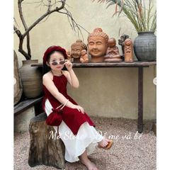 Set áo trễ vai cách tân TẾT nhung phối voan kèm chân váy và mấn cho bé gái điệu đà kèm ảnh cận chất
