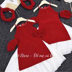 Set áo trễ vai cách tân TẾT nhung phối voan kèm chân váy và mấn cho bé gái điệu đà kèm ảnh cận chất