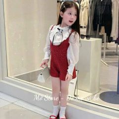 Set yếm dạ kim tuyến kèm áo sơ mi nơ phối tay voan điệu đà xinh xắn cho bé gái mặc TẾT noel