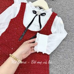 Set yếm dạ kim tuyến kèm áo sơ mi nơ phối tay voan điệu đà xinh xắn cho bé gái mặc TẾT noel