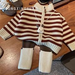Hàng QC Set áo len kẻ kéo khóa dày dặn kèm legging ấm áp dày dặn cận chất hàn quốc cho bé gái