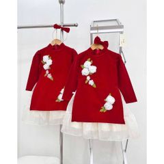 Set áo dài cách tân nhung đính hoa kèm chân váy và bờm nơ xinh xắn điệu đà mặc đi chơi Tết cho bé gái 12-20kg