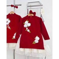 Set áo dài cách tân nhung đính hoa kèm chân váy và bờm nơ xinh xắn điệu đà mặc đi chơi Tết cho bé gái 12-20kg