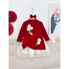 Set áo dài cách tân nhung đính hoa kèm chân váy và bờm nơ xinh xắn điệu đà mặc đi chơi Tết cho bé gái 12-20kg