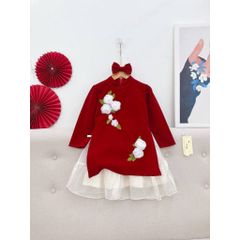 Set áo dài cách tân nhung đính hoa kèm chân váy và bờm nơ xinh xắn điệu đà mặc đi chơi Tết cho bé gái 12-20kg