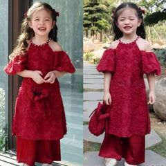 Áo dài cách tân ren kèm túi hở vai xinh xắn dễ thương cho bé gái mặc đi chơi Tết 10-30kg kèm ảnh thật