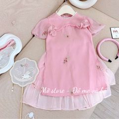 Set áo dài cách tân đính nơ thêu hoa tay bom xinh xắn điệu đà dễ thương cho bé gái mặc TẾT kèm chân váy và vấn 10-30kg