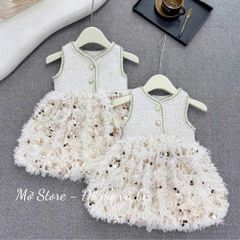 Set váy dạ hai lớp chạy viền phối lông kim tuyến điệu đà xinh xắn cho bé gái TẾT noel thu đông