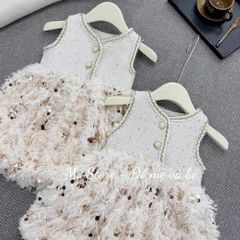 Set váy dạ hai lớp chạy viền phối lông kim tuyến điệu đà xinh xắn cho bé gái TẾT noel thu đông