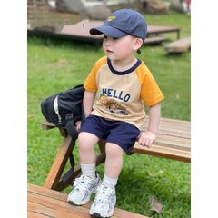 Set bộ áo thun gấu tay pha kèm quần short kaki cho bé trai dễ thương đáng yêu mùa hè