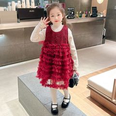 Hàng QCCC Set váy voan kèm áo len và nơ xinh xắn công chúa dễ thương cho bé gái thu đông mặc đi chơi Tết noel