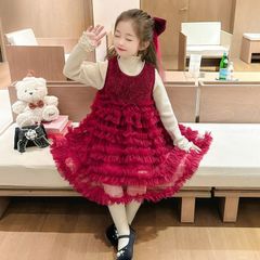 Hàng QCCC Set váy voan kèm áo len và nơ xinh xắn công chúa dễ thương cho bé gái thu đông mặc đi chơi Tết noel