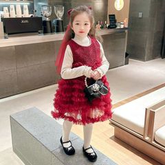 Hàng QCCC Set váy voan kèm áo len và nơ xinh xắn công chúa dễ thương cho bé gái thu đông mặc đi chơi Tết noel
