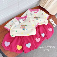 Set áo thun cotton chấm bi cầu vồng kèm váy bí bồng đính tim xinh xắn dễ thương mùa hè phong cách hàn quốc cho bé gái