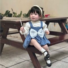 Set váy yếm chấm bi nơ kèm áo len tăm tay bồng xinh xắn điệu đà cho bé gái mặc đi chơi 10-30kg kèm ảnh thật