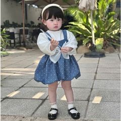 Set váy yếm chấm bi nơ kèm áo len tăm tay bồng xinh xắn điệu đà cho bé gái mặc đi chơi 10-30kg kèm ảnh thật