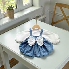 Set váy yếm chấm bi nơ kèm áo len tăm tay bồng xinh xắn điệu đà cho bé gái mặc đi chơi 10-30kg kèm ảnh thật