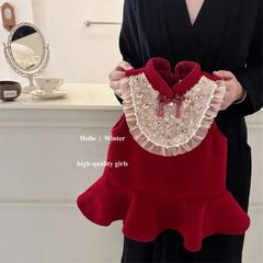 Hàng QC - Váy sườn xám nhung đỏ đính ren bèo kim sa xinh xắn ấm áp mùa đông mặc đi chơi Tết cho bé gái