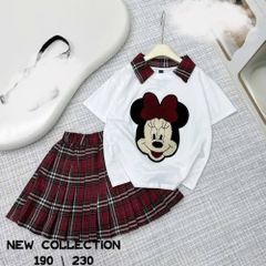 Set váy áo micky kẻ thêu cute đáng yêu mùa hè xinh xắn cho bé gái 30-40kg
