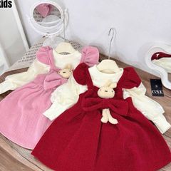 Váy nhung gấu kèm áo len tay bồng ấm áp xinh xắn điệu đà cho bé gái mặc đi chơi Tết noel 9-22kg