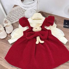 Váy nhung gấu kèm áo len tay bồng ấm áp xinh xắn điệu đà cho bé gái mặc đi chơi Tết noel 9-22kg